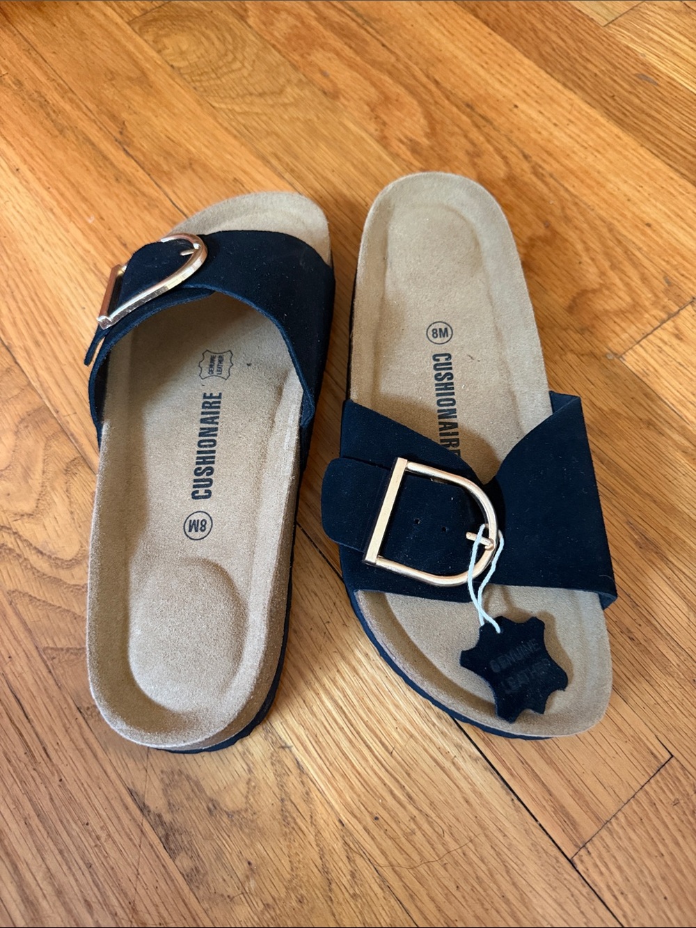Cushionaire Navy Suede Slide Sandals with Gold Buckle